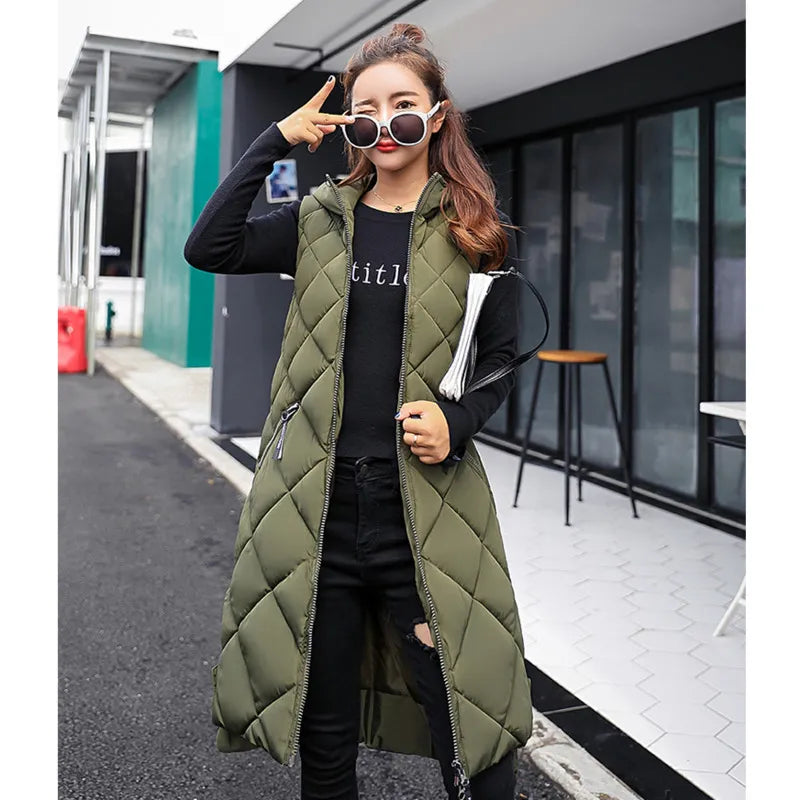 Xiomara | Women's Sleeveless Long Puffer Vest with Hood - Warm, Casual, Full-Zip Outerwear