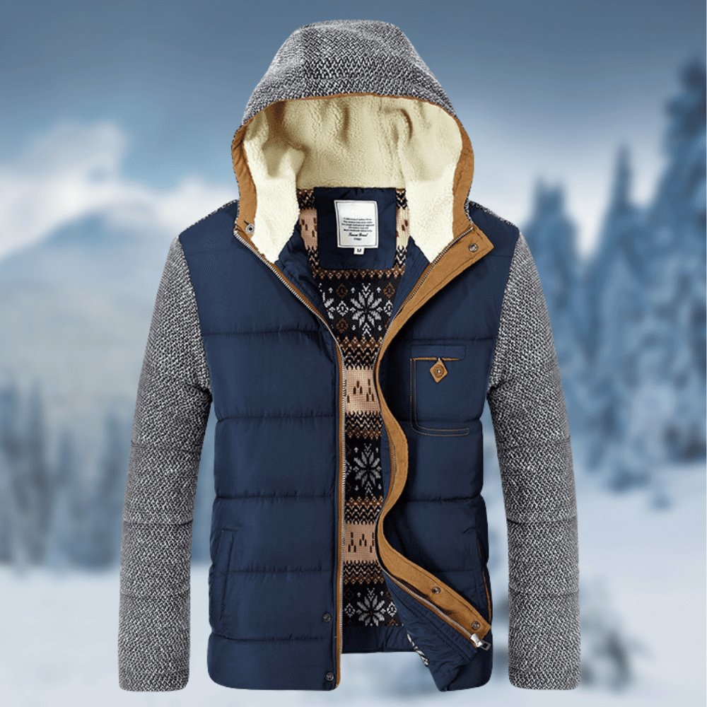 Olyvric | Heren designer pufferjas met capuchon – Gebreide, elegante winterjas, warme casual bovenkleding