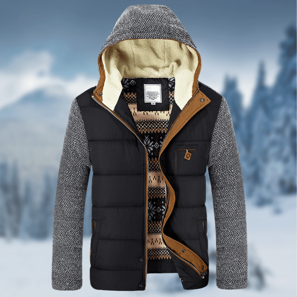 Olyvric | Heren designer pufferjas met capuchon – Gebreide, elegante winterjas, warme casual bovenkleding