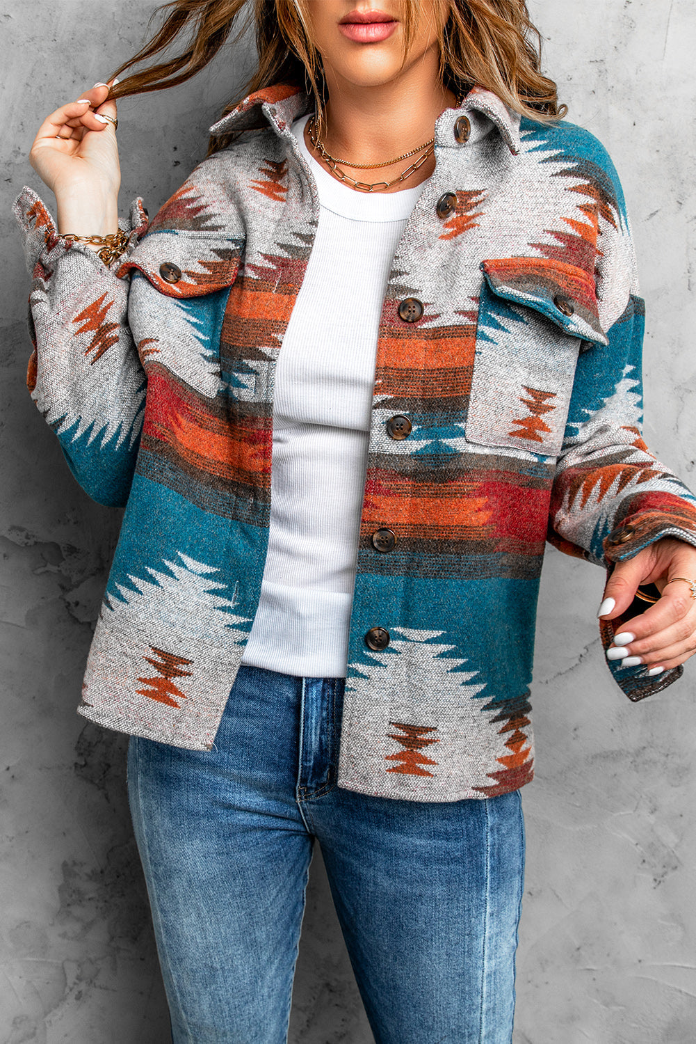 Yorinara | Dames Aztec Shirtjack – Gewassen Shacket met Knopen, Lange Mouwen en Reverskraag