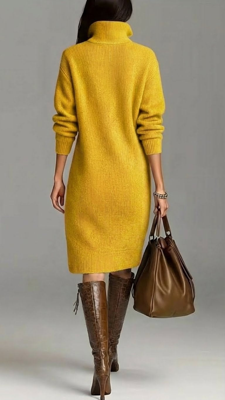 Olenka | Zachte gebreide midi-jurk voor dames – Gebreid met hoge kraag en knopen, casual elegante