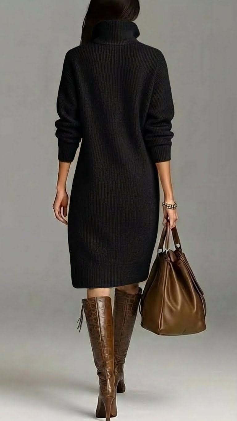 Olenka | Zachte gebreide midi-jurk voor dames – Gebreid met hoge kraag en knopen, casual elegante