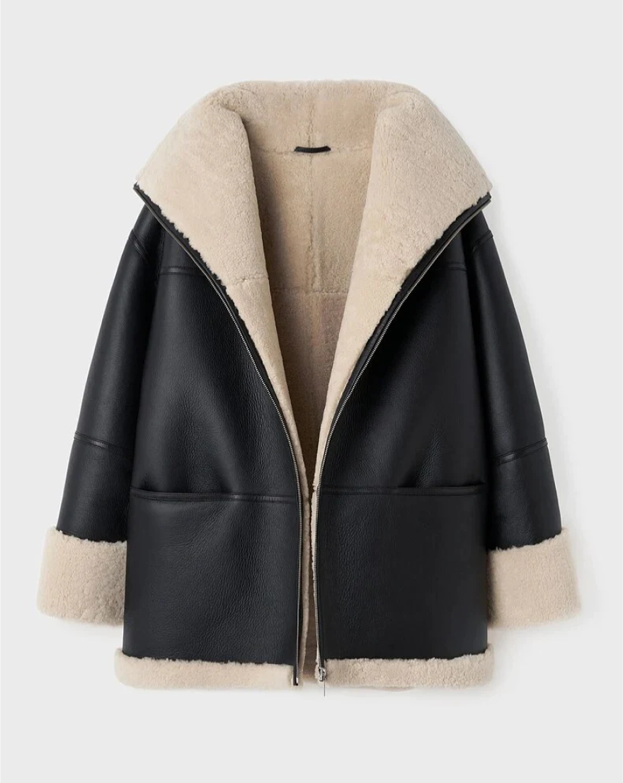 Delyraella | Oversized leren jas voor dames – Warme winterjas met fleecevoering, casual chique bovenkleding
