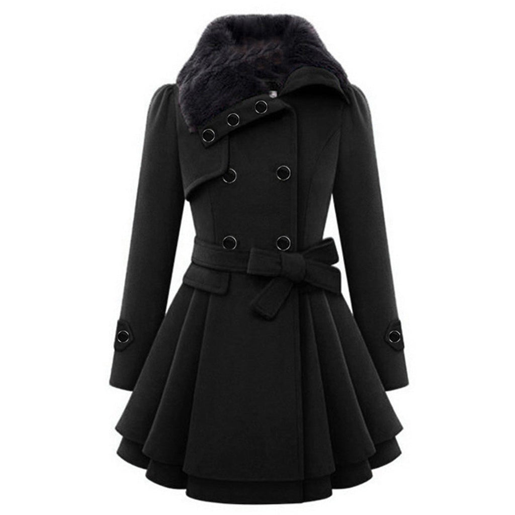 Almera | Winterjas voor dames – met bontvoering, double-breasted, tailleband, warme stijlvolle bovenkleding
