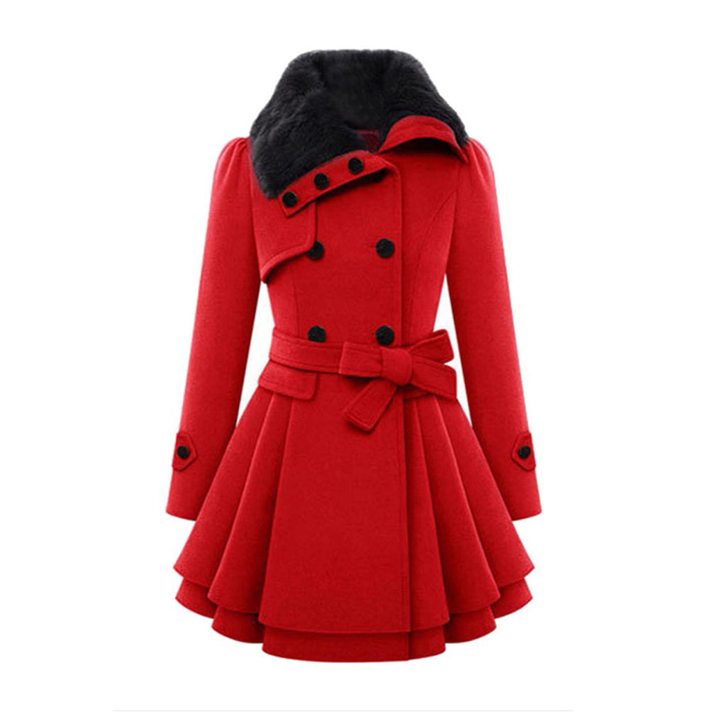 Almera | Winterjas voor dames – met bontvoering, double-breasted, tailleband, warme stijlvolle bovenkleding