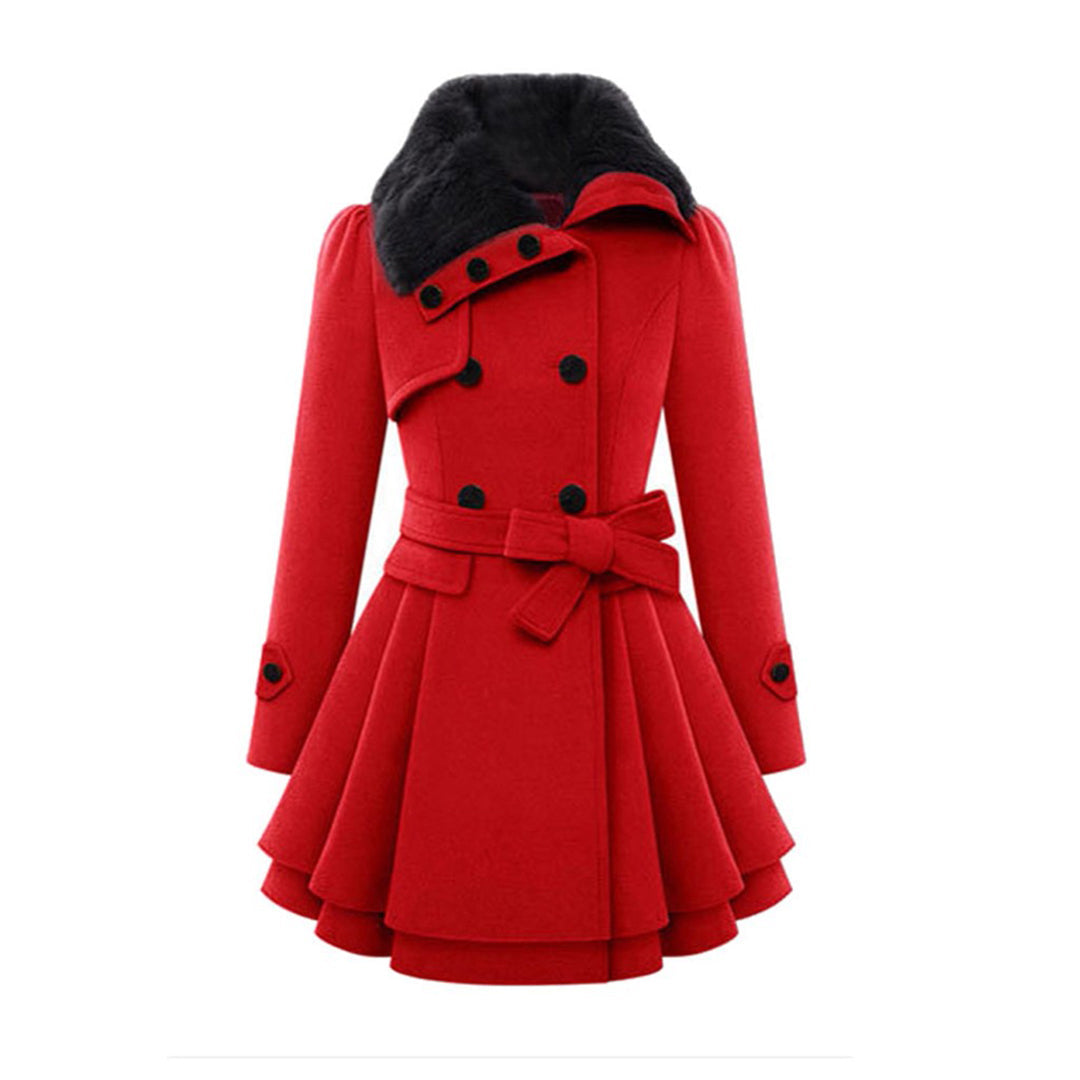 Almera | Winterjas voor dames – met bontvoering, double-breasted, tailleband, warme stijlvolle bovenkleding