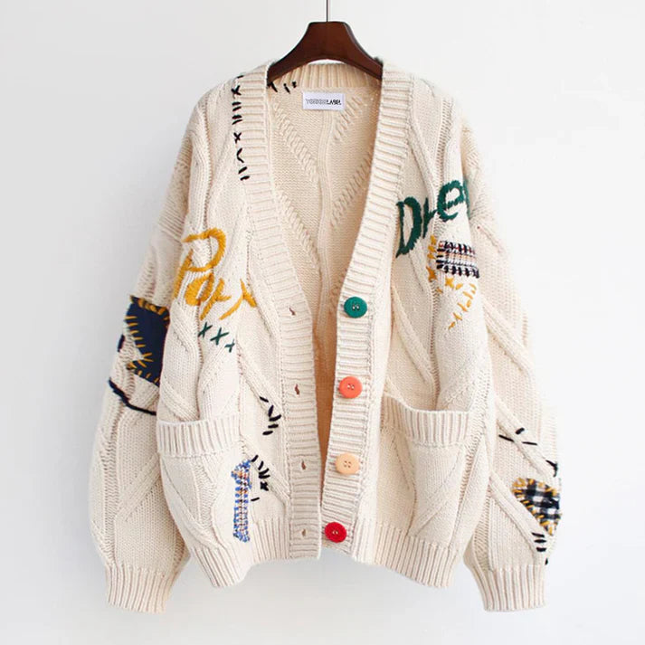Lavelle | Damesvest met geborduurd patchwork - stijlvolle gebreide trui voor herfst en winter