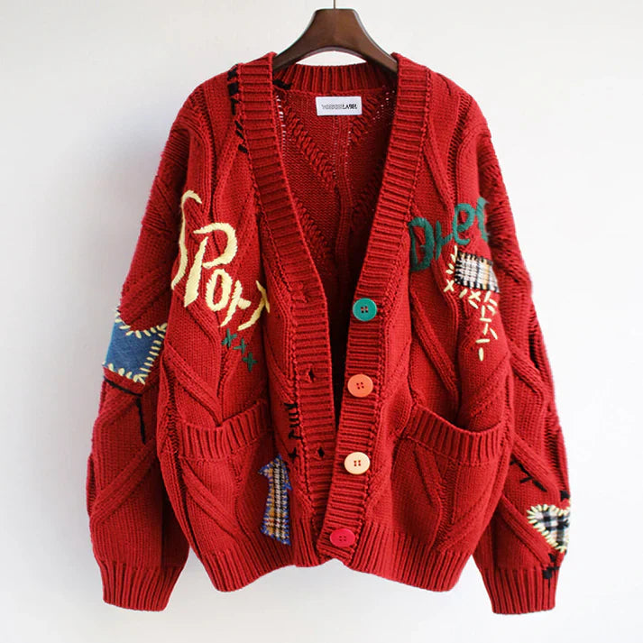 Lavelle | Damesvest met geborduurd patchwork - stijlvolle gebreide trui voor herfst en winter