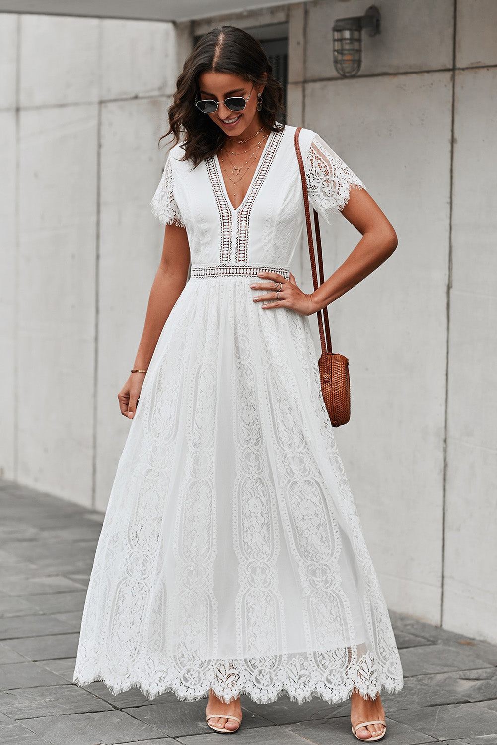 Reva | Elegant Lace V-neck Maxi Dress with Crocheted Waistband & Full Lining