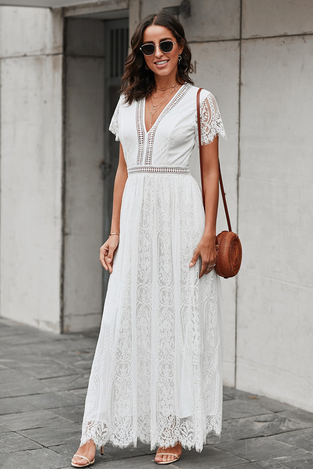 Reva | Elegant Lace V-neck Maxi Dress with Crocheted Waistband & Full Lining