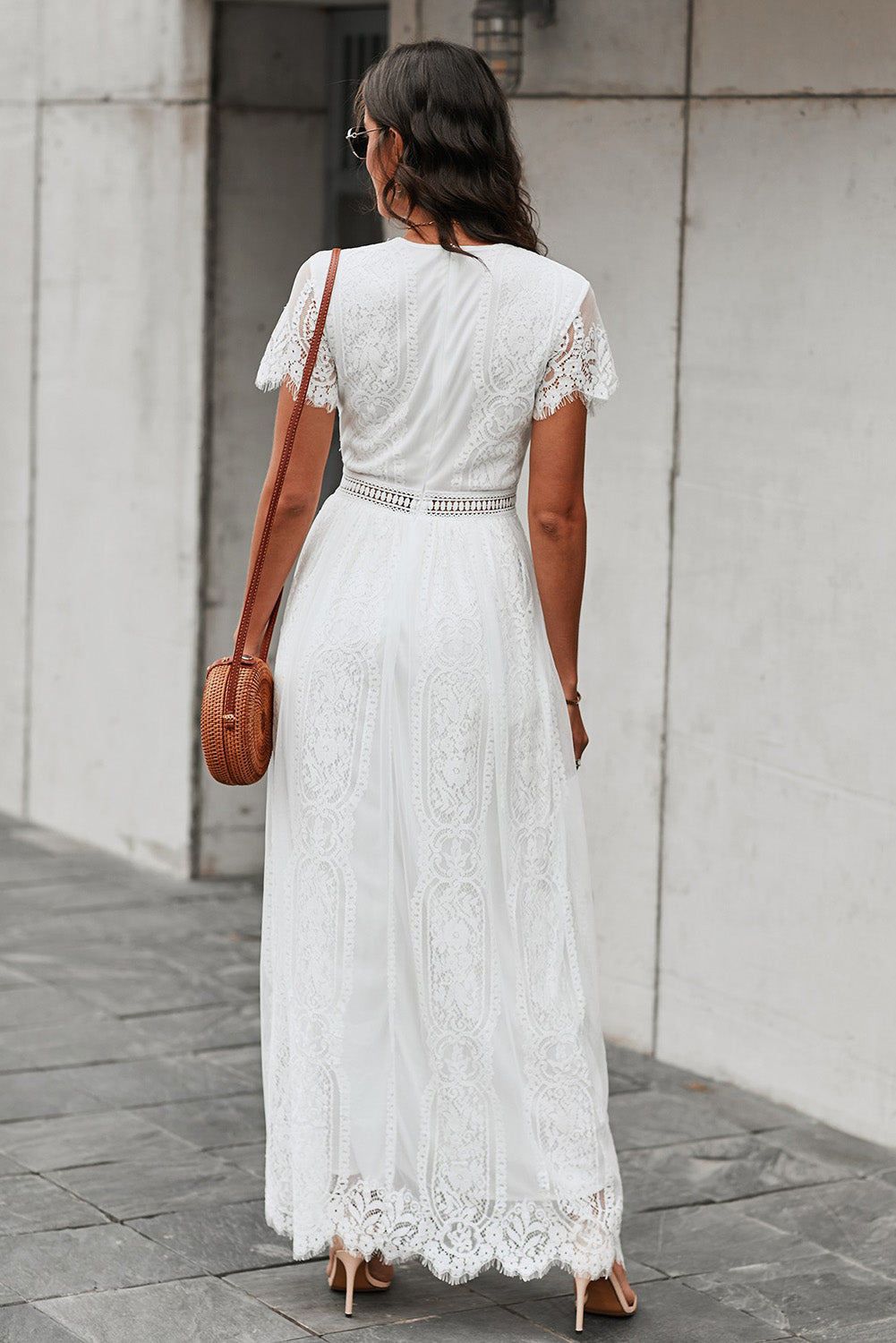 Reva | Elegant Lace V-neck Maxi Dress with Crocheted Waistband & Full Lining