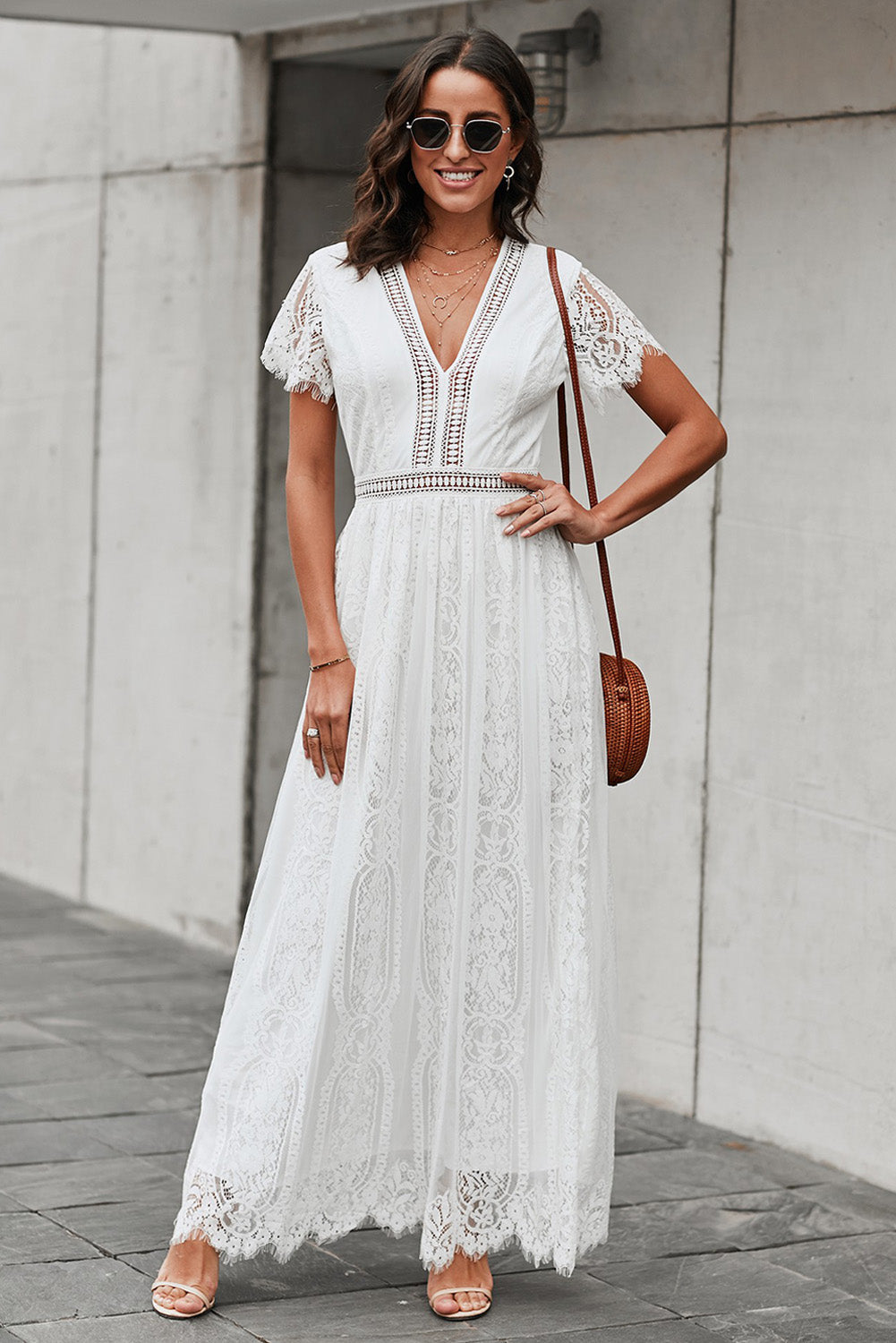 Reva | Elegant Lace V-neck Maxi Dress with Crocheted Waistband & Full Lining
