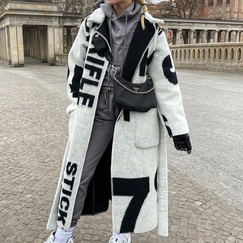 Noa | Lange wollen damesjas, stijlvolle overjas met print en open voorkant, warm en elegant