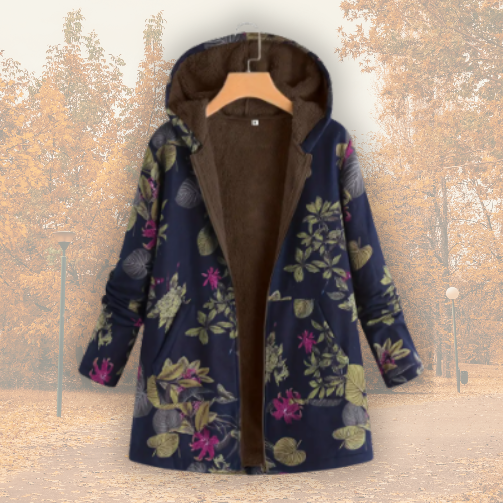 Saina | Damesjas met capuchon en fleecevoering – Warme winterjas met bloemenprint