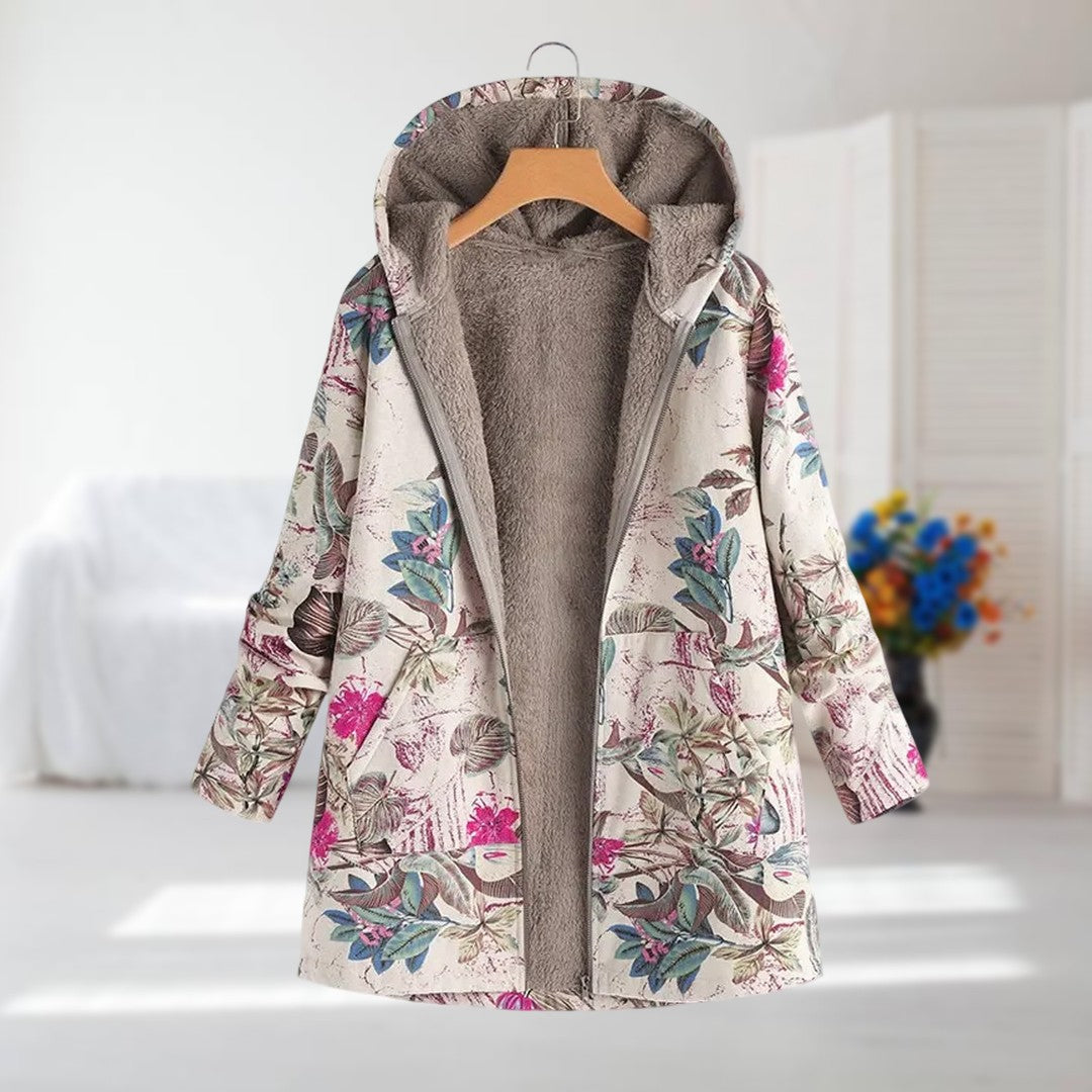 Saina | Damesjas met capuchon en fleecevoering – Warme winterjas met bloemenprint