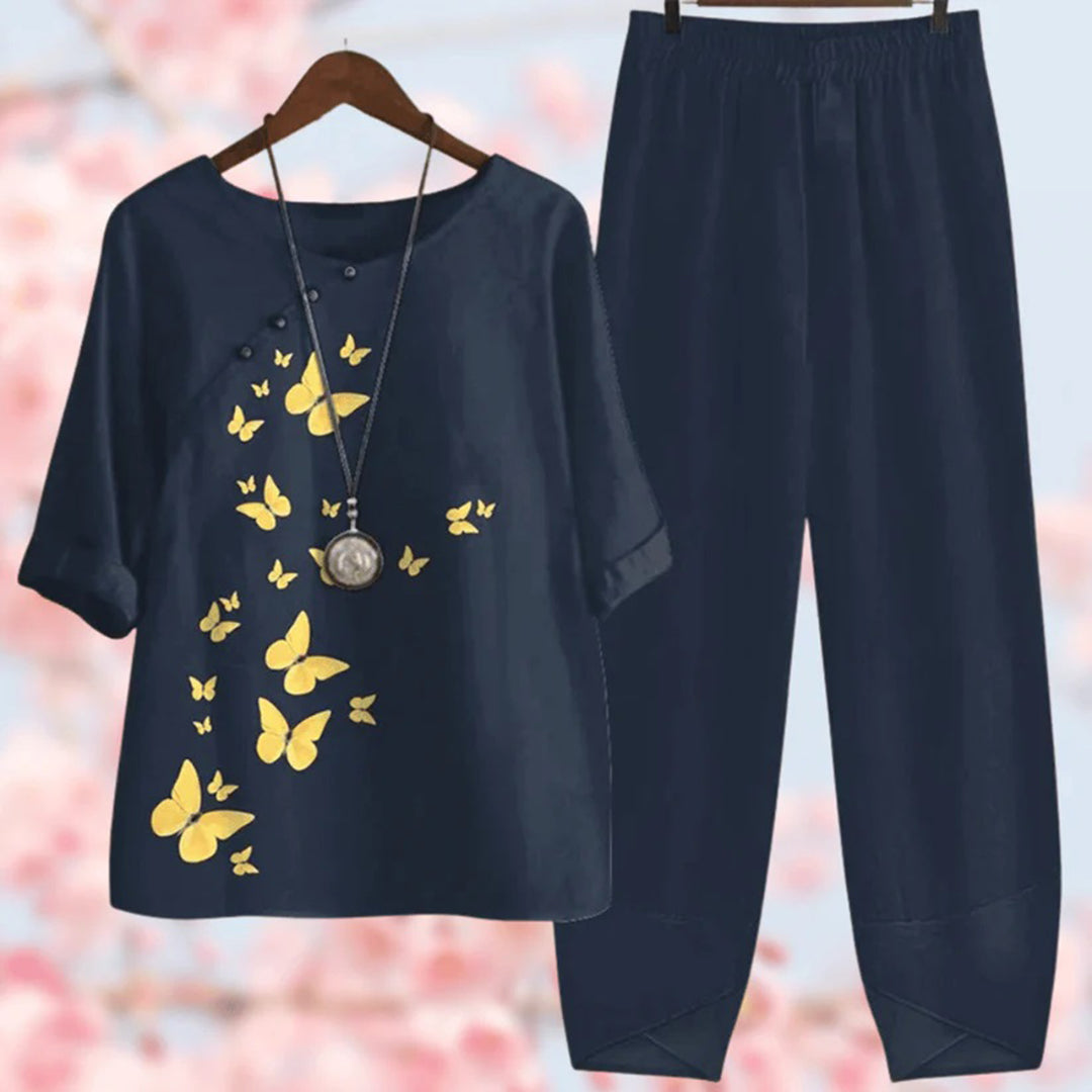 Xelthira | Casual Women's 2-Piece Set - Half Sleeve Blouse and Matching Trousers