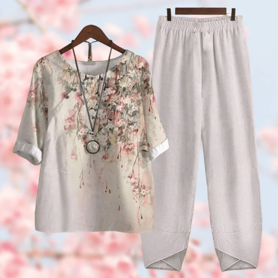 Xelthira | Casual Women's 2-Piece Set - Half Sleeve Blouse and Matching Trousers