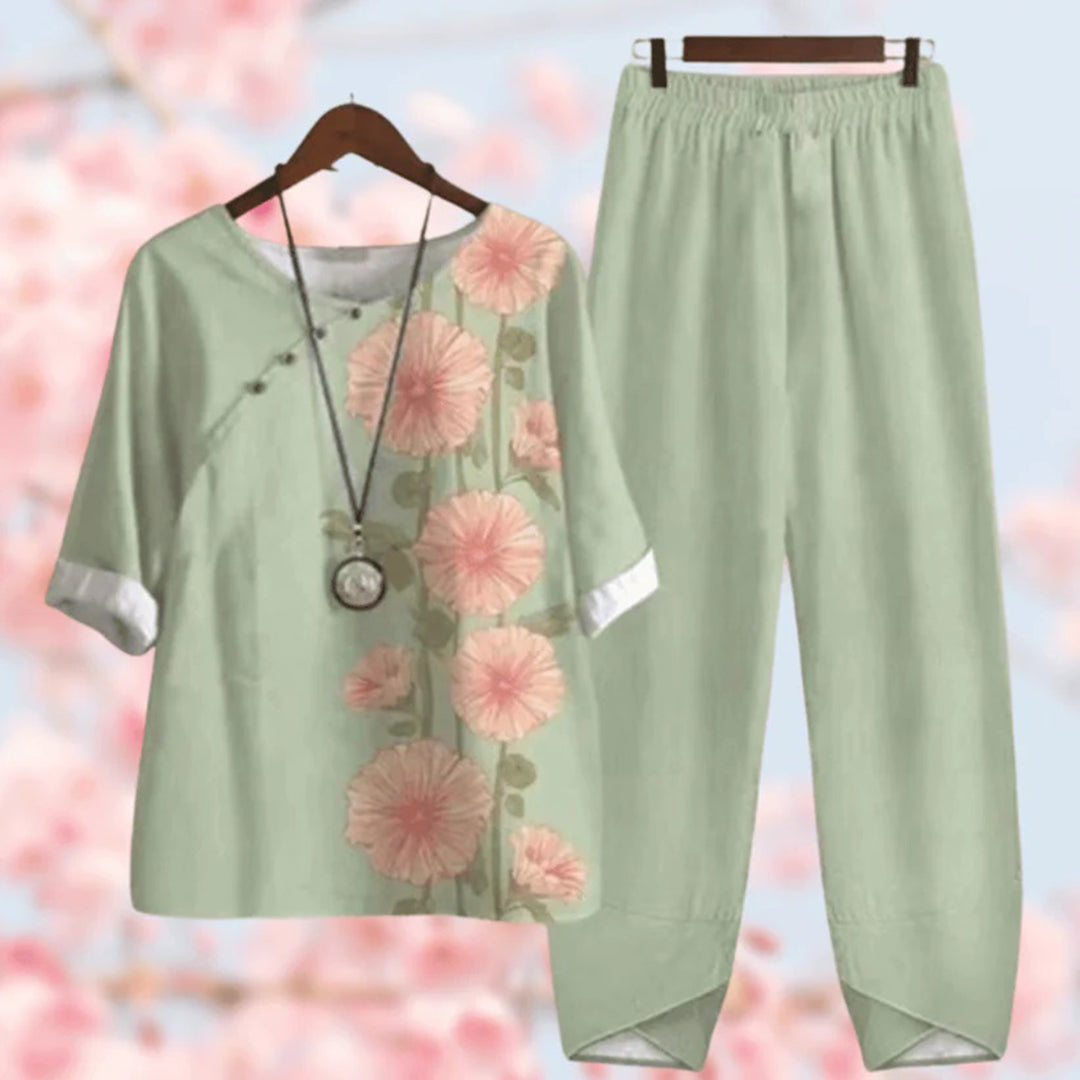 Xelthira | Casual Women's 2-Piece Set - Half Sleeve Blouse and Matching Trousers