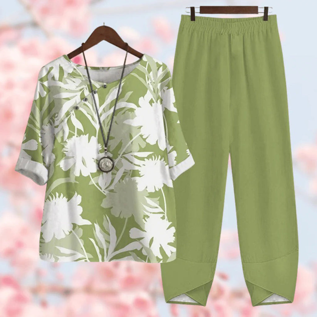 Xelthira | Casual Women's 2-Piece Set - Half Sleeve Blouse and Matching Trousers
