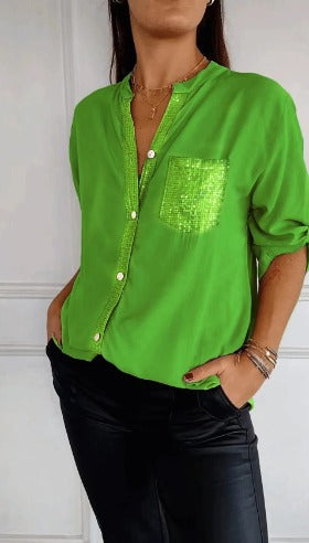 Stella | Elegant Sequin Blouse - Casual Button-Down Top with Adjustable Cuffs