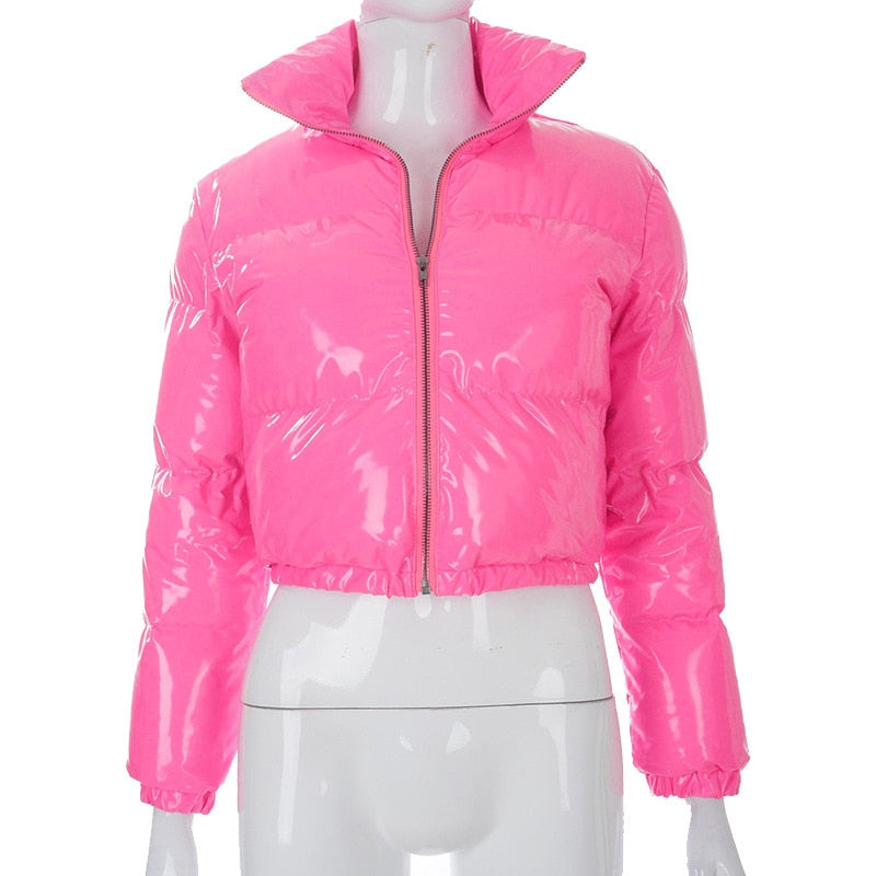 Narella | Glanzend cropped pufferjack met opstaande kraag - Dames Wintermode