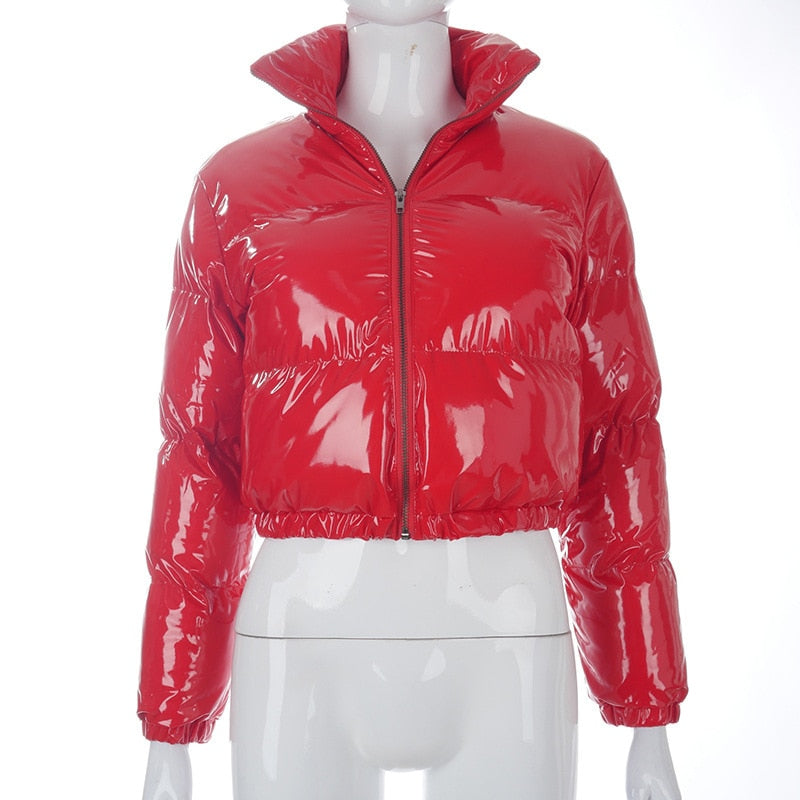 Narella | Glanzend cropped pufferjack met opstaande kraag - Dames Wintermode