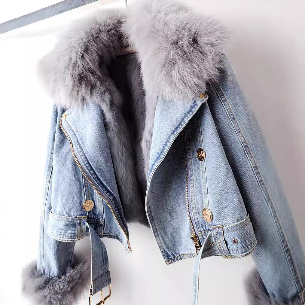 Kalisse | Luxe denimjas voor dames – gevoerd met vossenbont, warm en chic