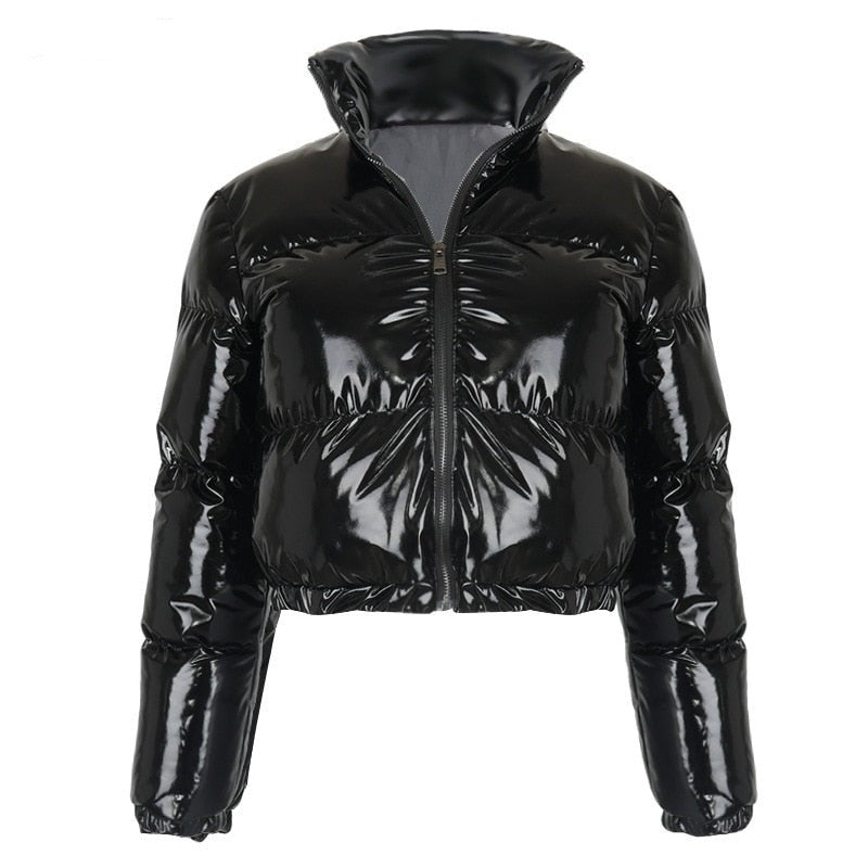 Narella | Glanzend cropped pufferjack met opstaande kraag - Dames Wintermode