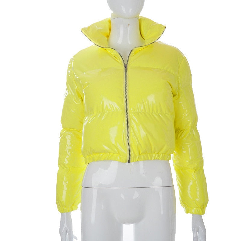 Narella | Glanzend cropped pufferjack met opstaande kraag - Dames Wintermode