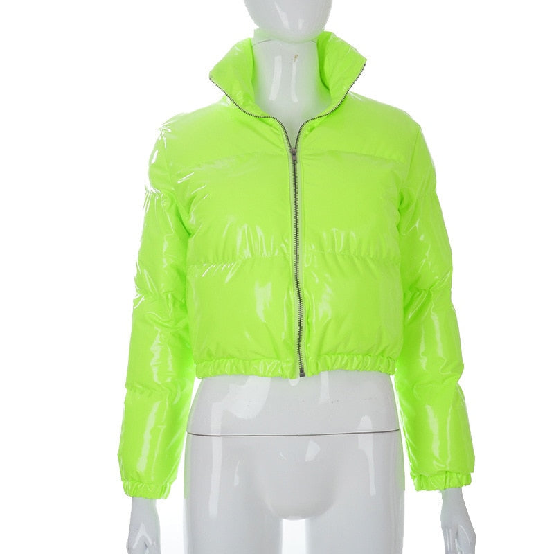 Narella | Glanzend cropped pufferjack met opstaande kraag - Dames Wintermode