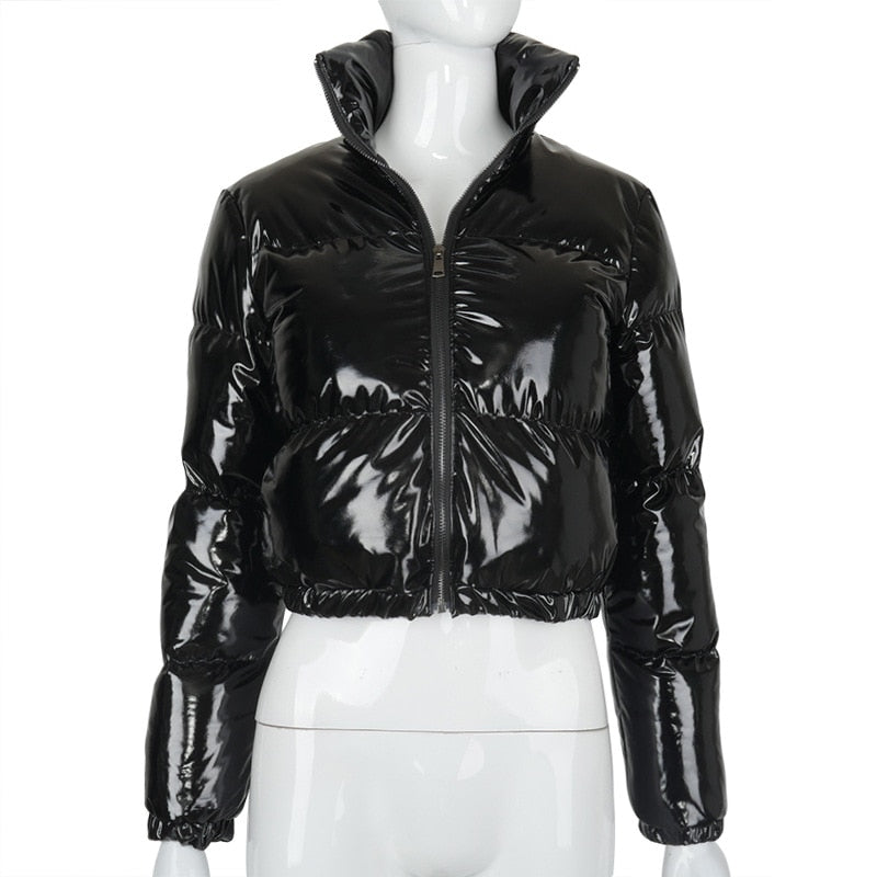 Narella | Glanzend cropped pufferjack met opstaande kraag - Dames Wintermode