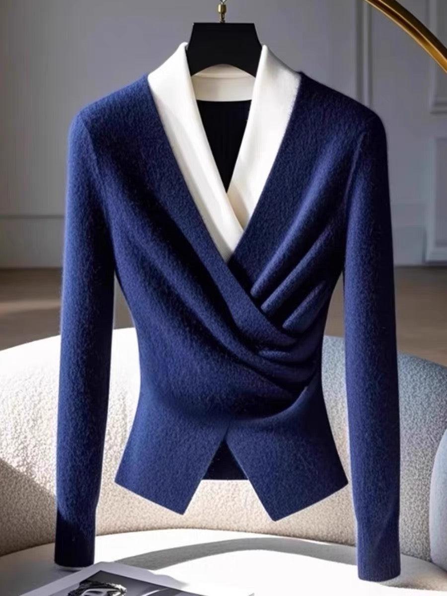 Coralia | Dames trui met V-hals en blauwe overslag – Comfortabele gebreide trui met lange mouwen