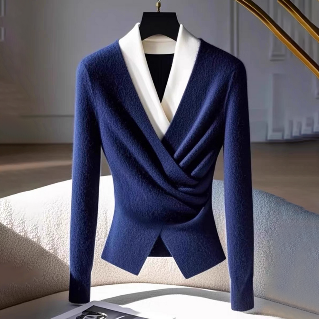 Coralia | Dames trui met V-hals en blauwe overslag – Comfortabele gebreide trui met lange mouwen