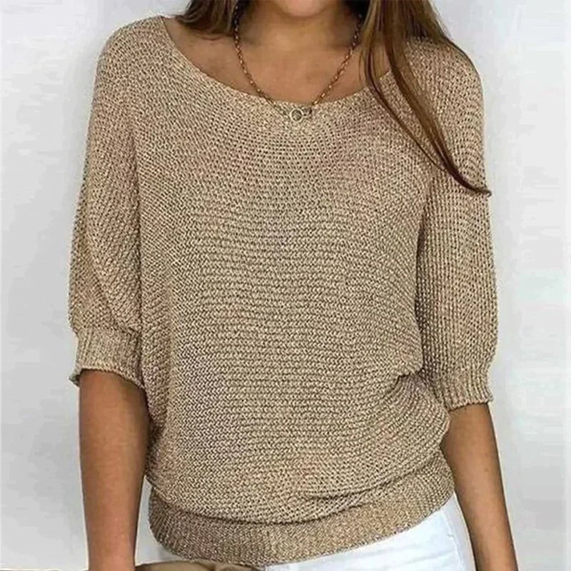 Alfhild | Knusse gebreide damesblouse - 1/4 mouw, zachte lichtgewicht trui