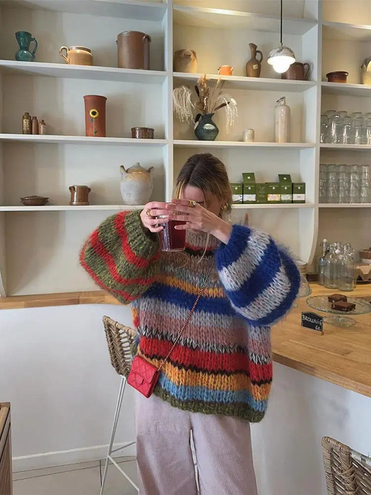 Zivara | Kleurrijke gestreepte grof gebreide trui voor dames – Zachte pullover voor casual en dagelijks gebruik