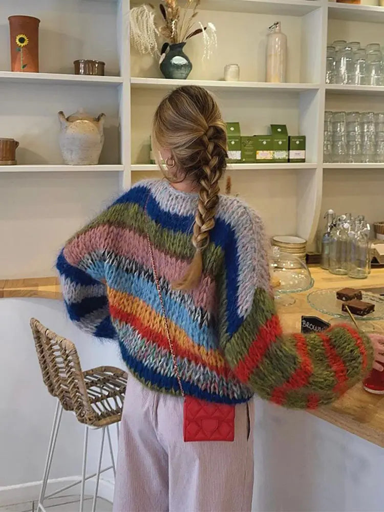 Zivara | Kleurrijke gestreepte grof gebreide trui voor dames – Zachte pullover voor casual en dagelijks gebruik