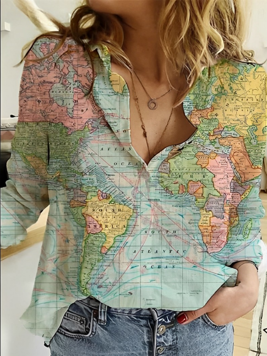 Valynne | Dameshemd met wereldbolprint – Stijlvol ontwerp met wereldkaart, casual en trendy topje