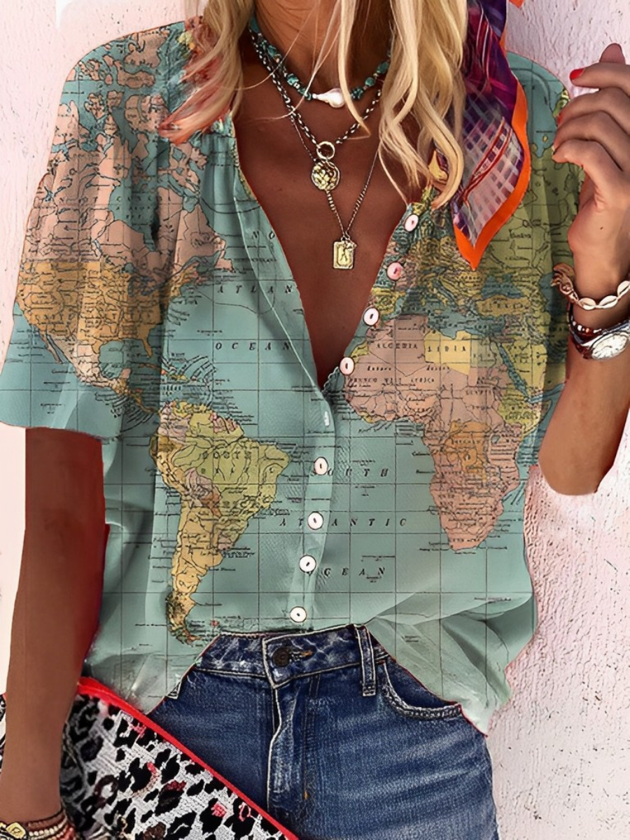 Valynne | Dameshemd met wereldbolprint – Stijlvol ontwerp met wereldkaart, casual en trendy topje