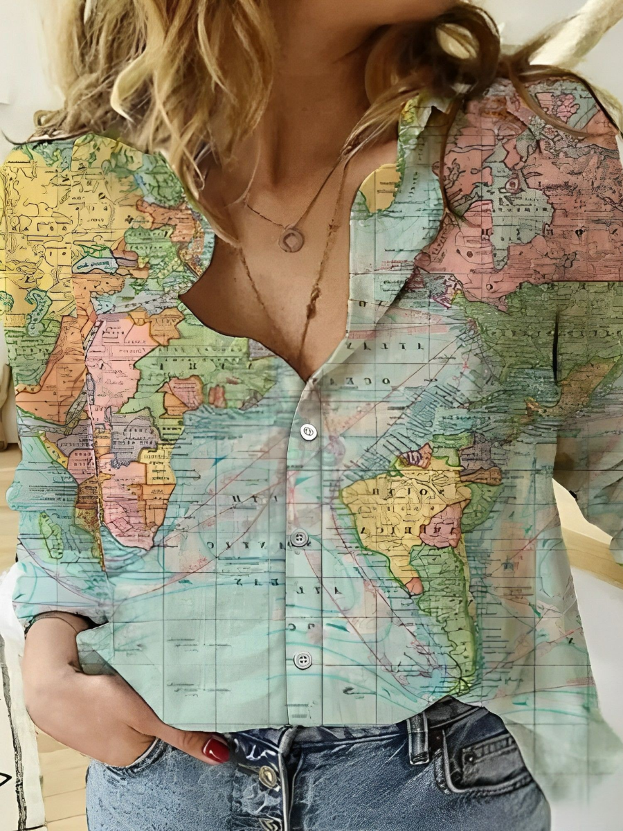 Valynne | Dameshemd met wereldbolprint – Stijlvol ontwerp met wereldkaart, casual en trendy topje