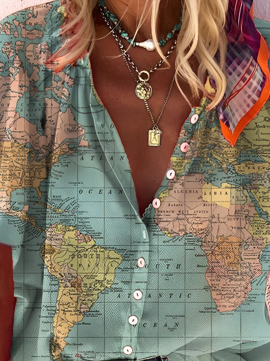Valynne | Dameshemd met wereldbolprint – Stijlvol ontwerp met wereldkaart, casual en trendy topje
