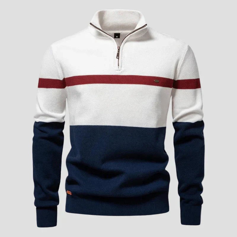 Ulmar | Herenkatoenen trui met halve rits, driekleurig, opstaande kraag, casual gebreide pullover