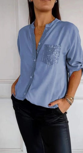 Stella | Elegant Sequin Blouse - Casual Button-Down Top with Adjustable Cuffs