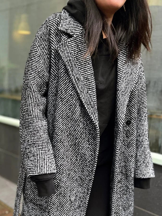 Kaelithia | Damesjas met visgraatmotief, elegante lange jas, klassieke winterjas, tijdloze stijl