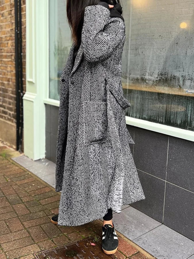 Kaelithia | Damesjas met visgraatmotief, elegante lange jas, klassieke winterjas, tijdloze stijl