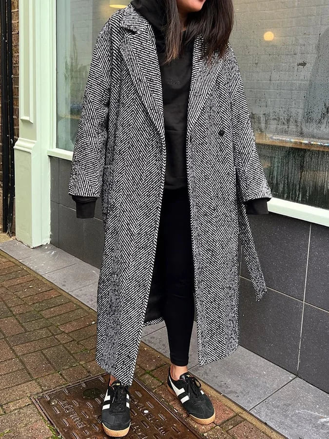 Kaelithia | Damesjas met visgraatmotief, elegante lange jas, klassieke winterjas, tijdloze stijl