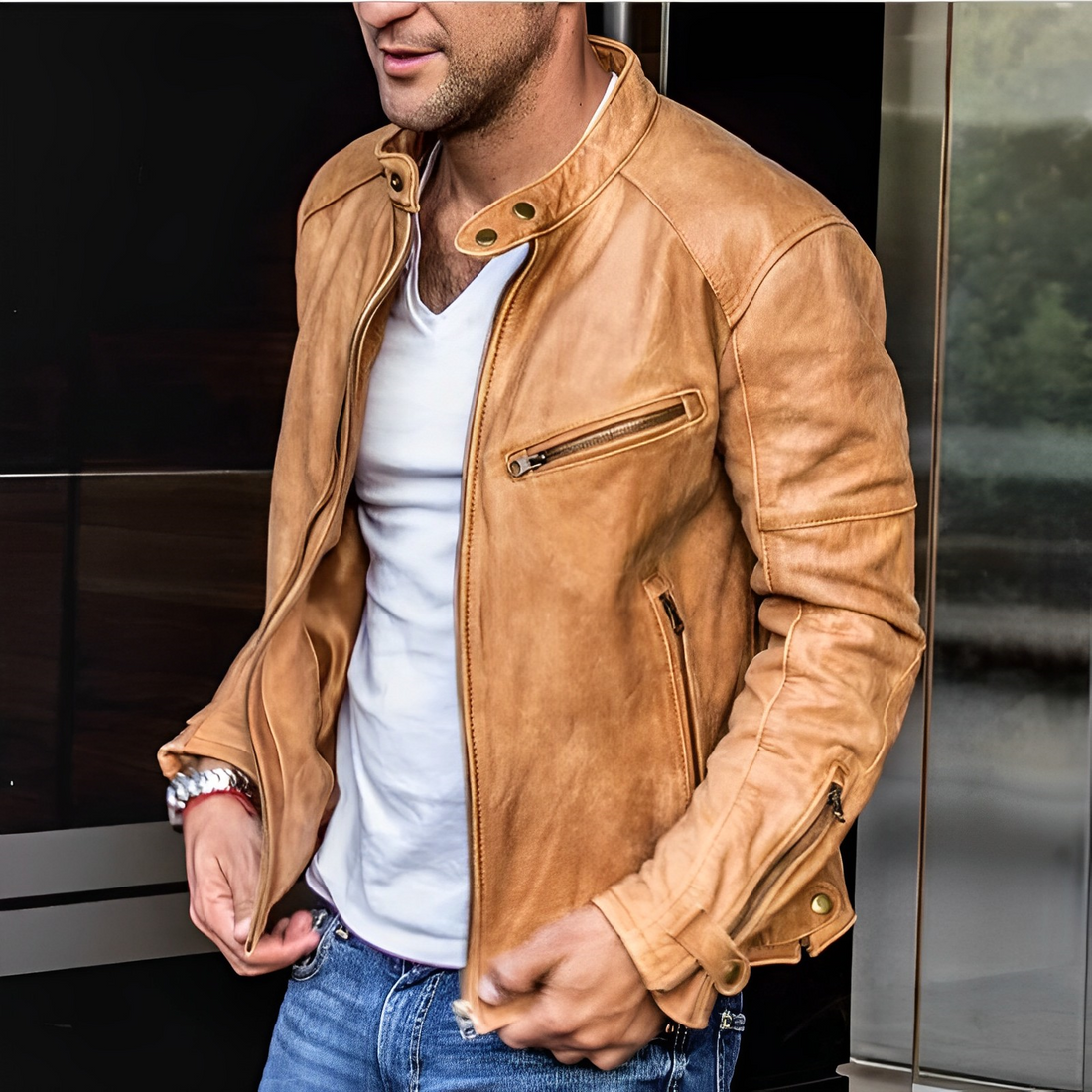 Zygmunt | Veste en cuir pour homme – col montant, fermetures éclair fonctionnelles, coupe slim décontractée style motard