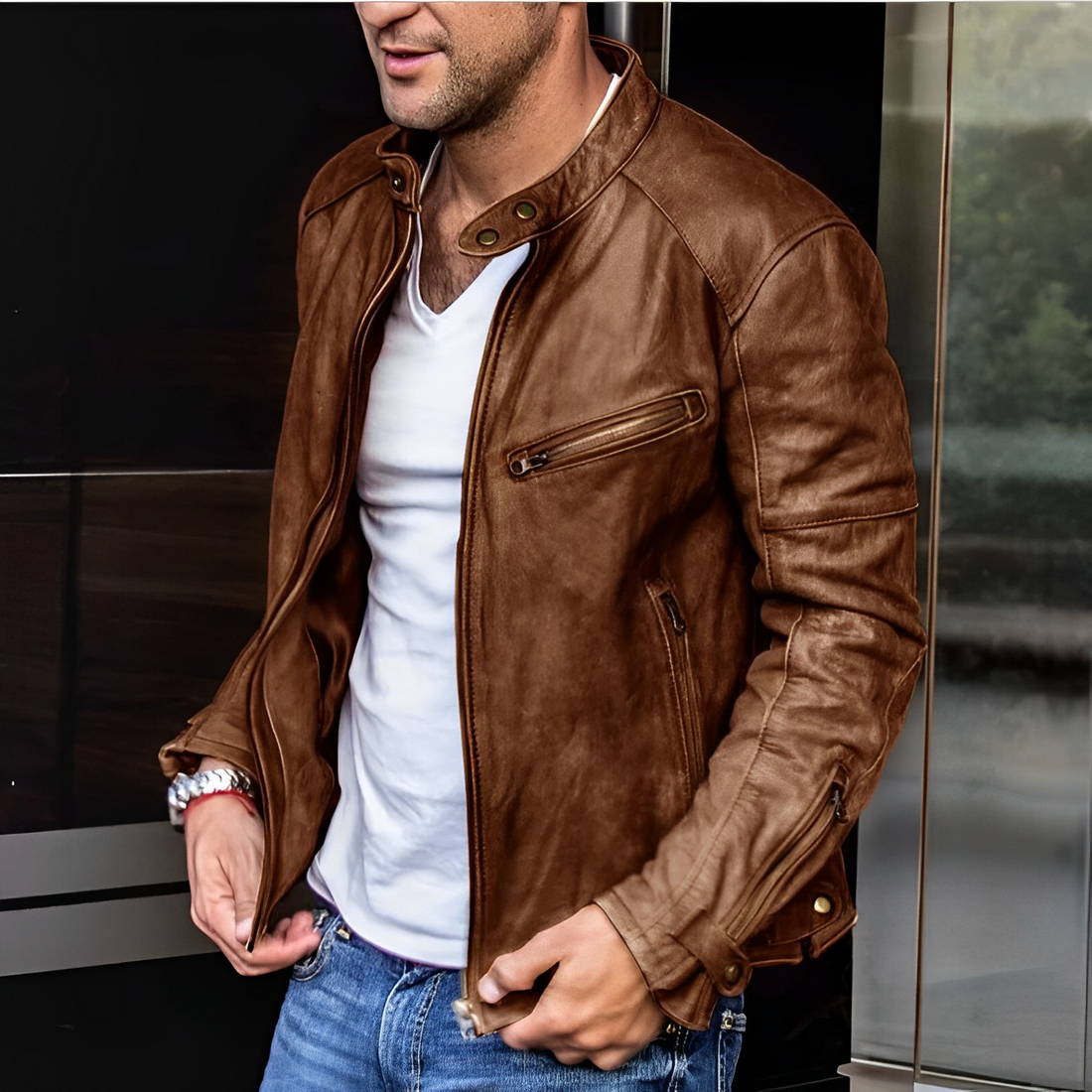 Zygmunt | Veste en cuir pour homme – col montant, fermetures éclair fonctionnelles, coupe slim décontractée style motard