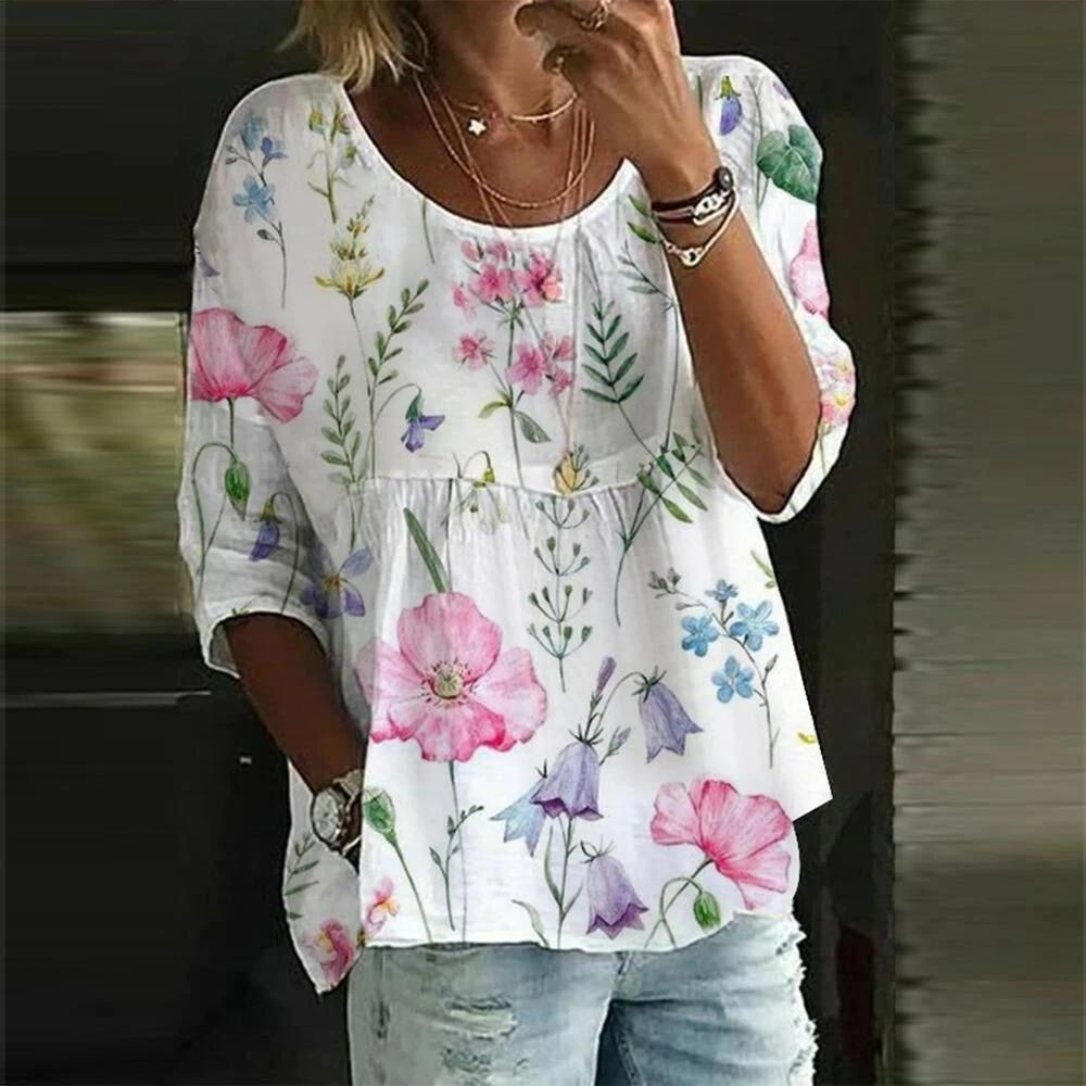 Ceridwen | Elegante ademende losse blouse met bloemenprint - 3/4 mouwen