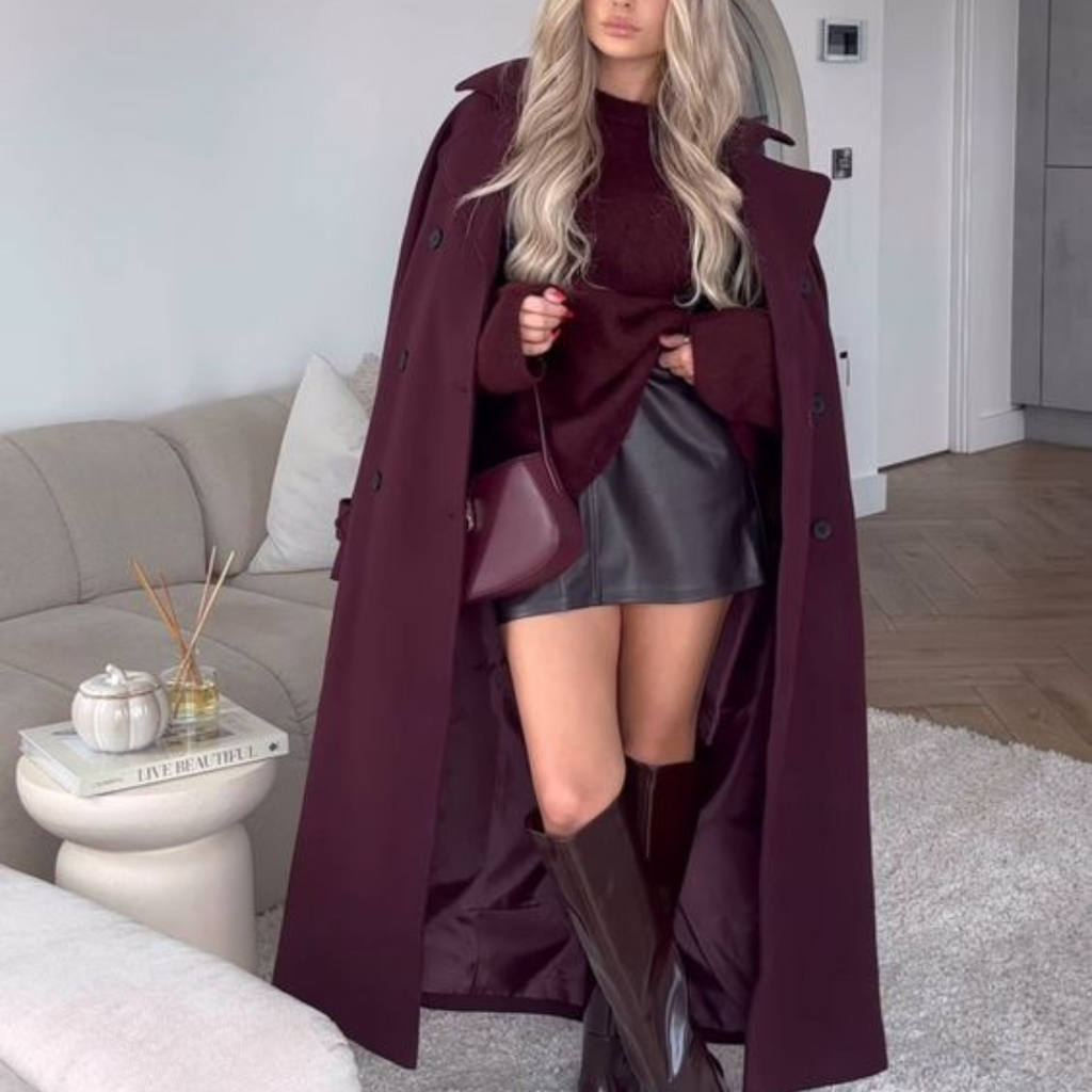 Liva | Oversized bordeauxrode trenchcoat voor dames – Elegante lange jas voor herfst, winter