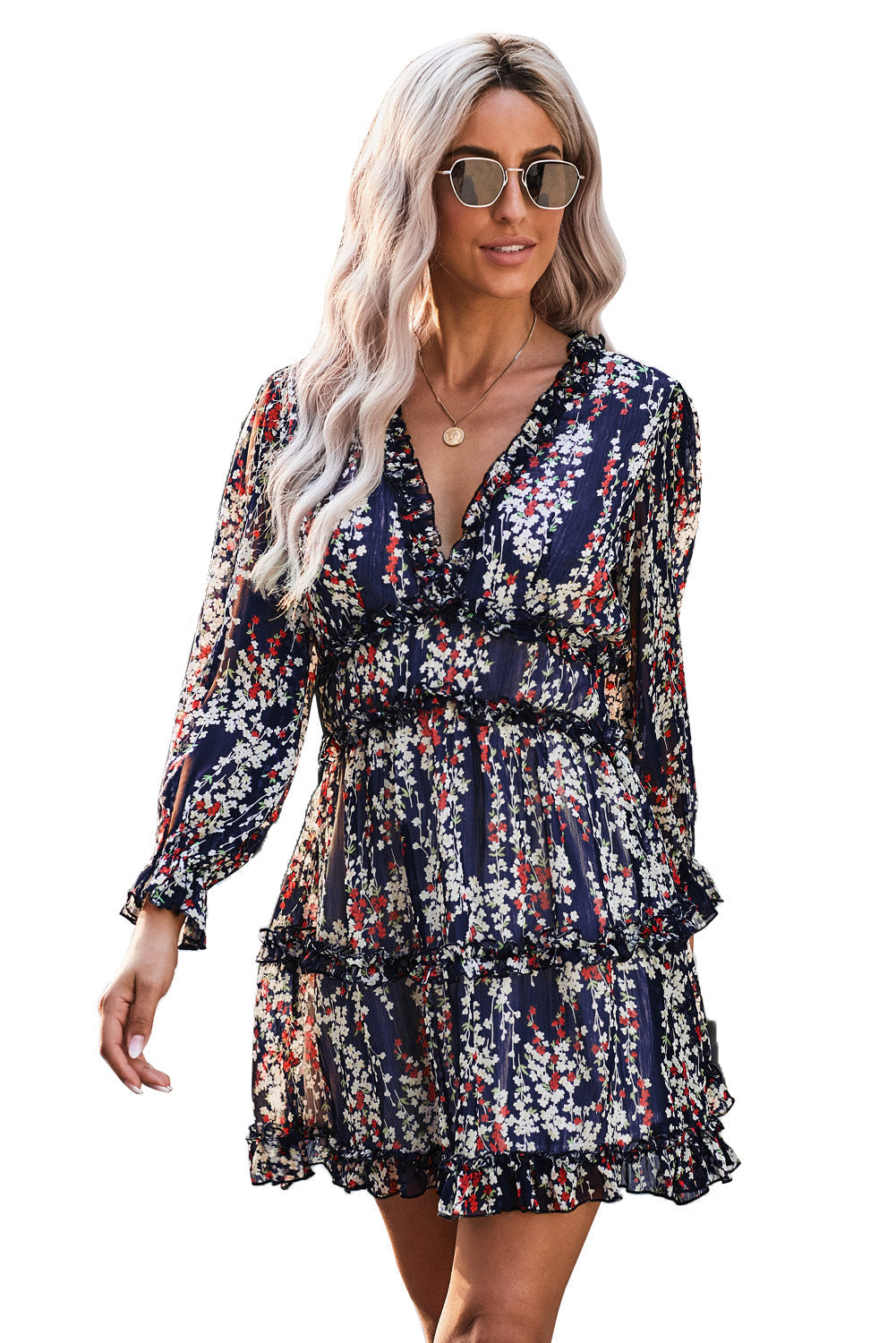 Paelina | Dames Jurk met Bloemenprint – Jurk met V-hals, Open Rug en Ruches voor Feestelijke Gelegenheden